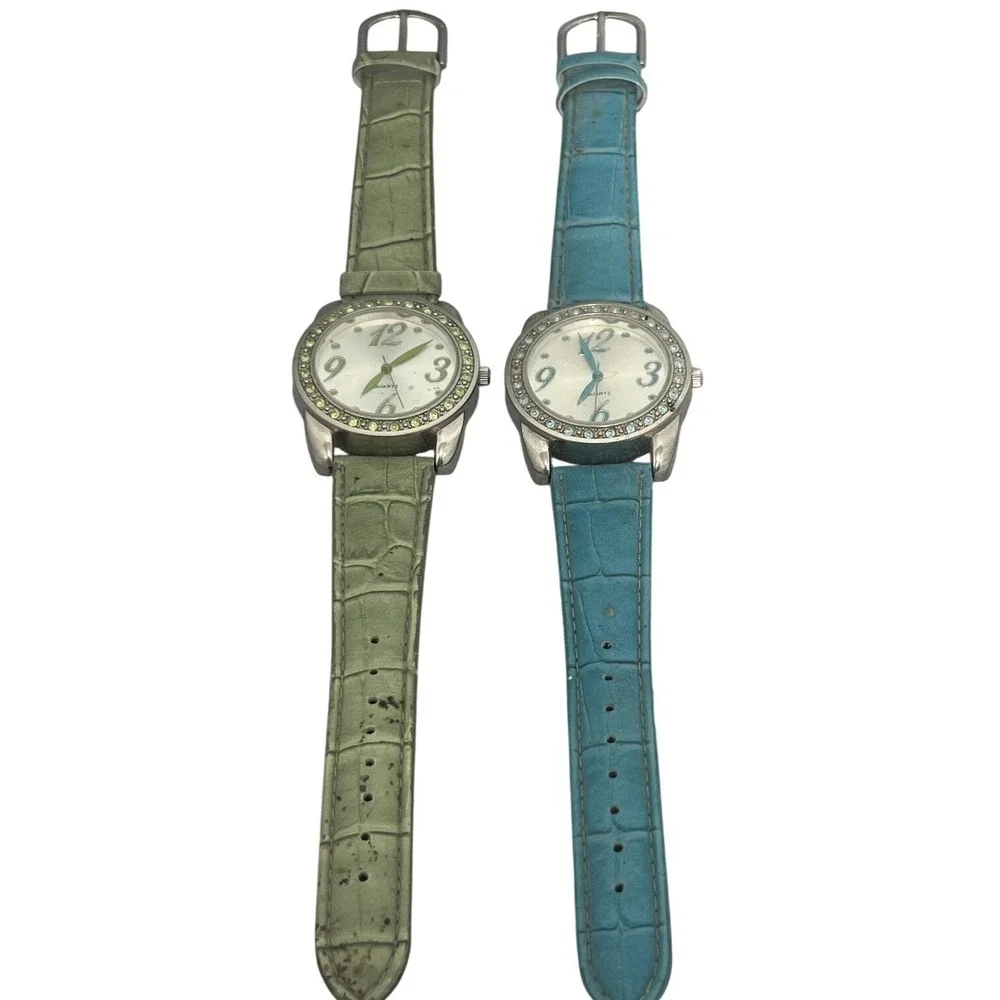 Pair of Women's Fashion Wristwatches‎ Green & Blue Bands Rhinestone Bezel
