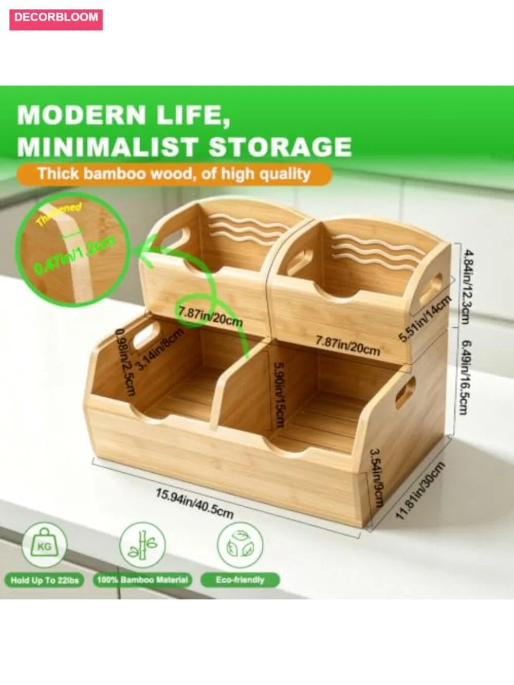 Bamboo Stackable Pantry Storage Bins Produce Baskets Set Kitchen Organizer
