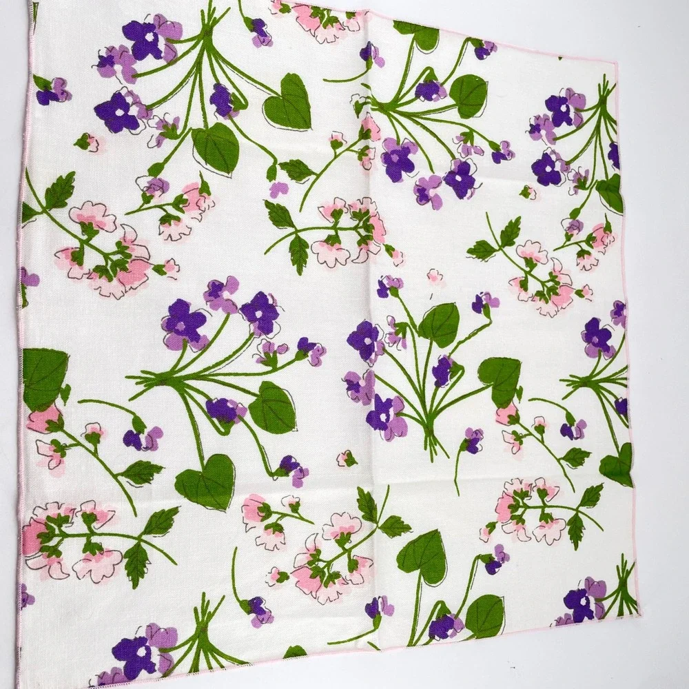 Vera Neumann 60-70s Floral Napkins x8 Crisp Vibrant Purple Violets Pink Edge Tag