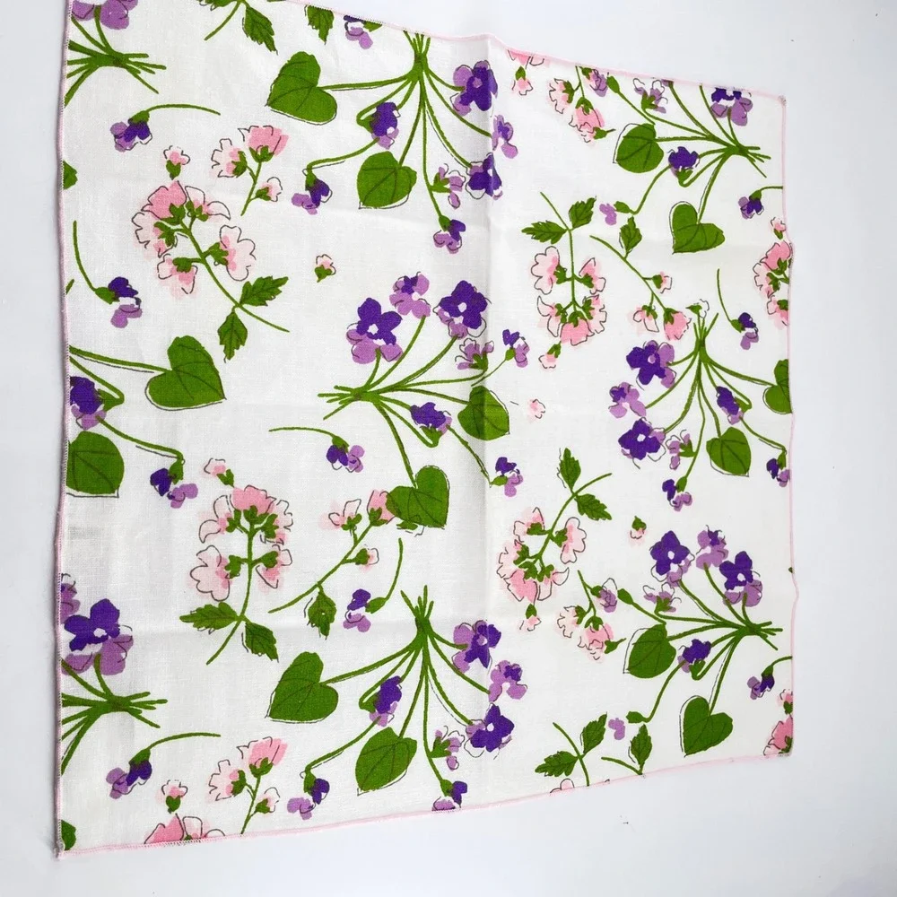 Vera Neumann 60-70s Floral Napkins x8 Crisp Vibrant Purple Violets Pink Edge Tag
