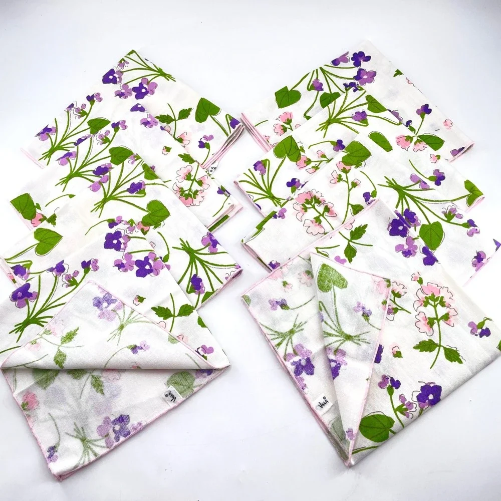 Vera Neumann 60-70s Floral Napkins x8 Crisp Vibrant Purple Violets Pink Edge Tag