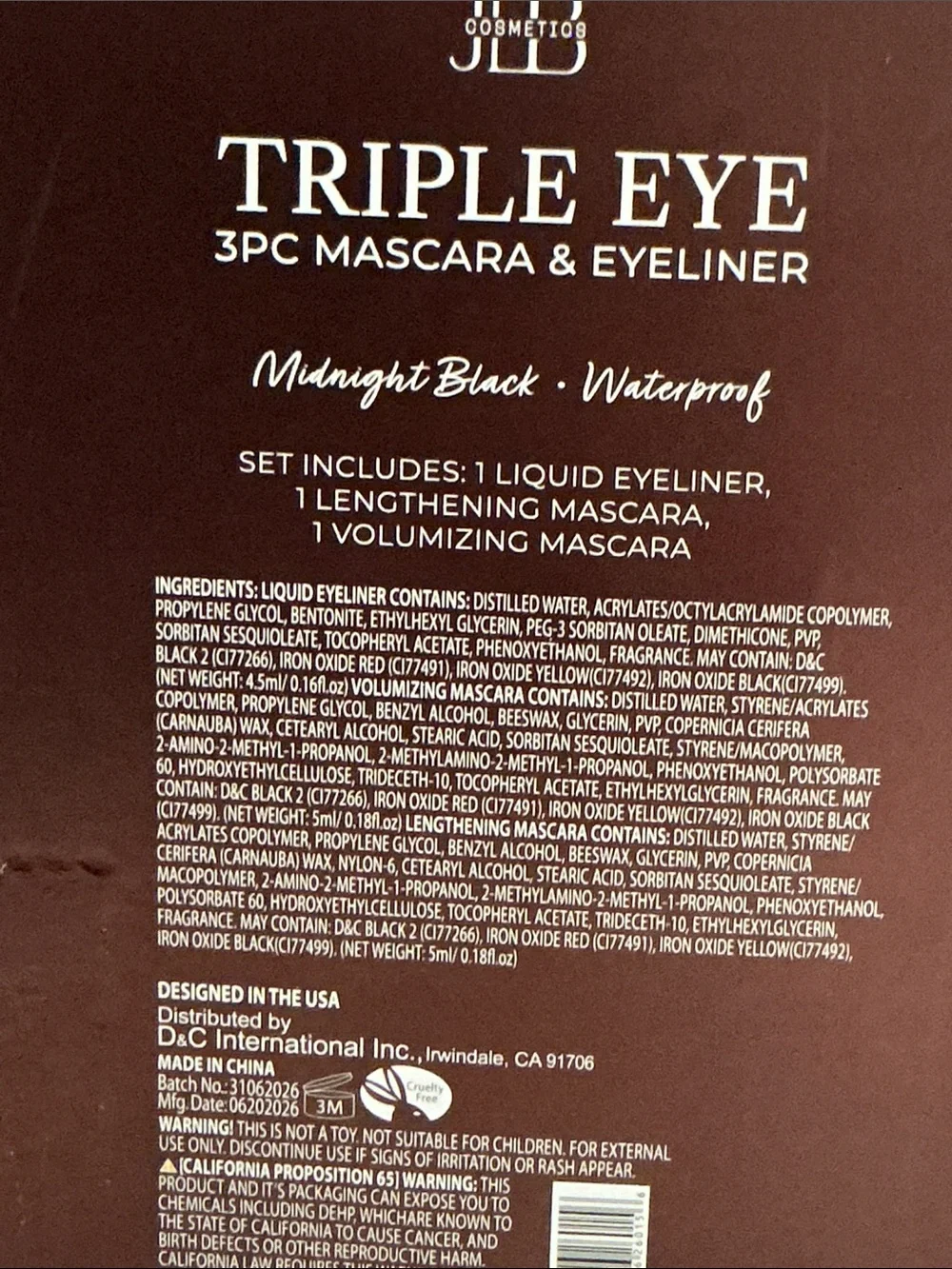 JLB Cosmetics Triple Eye Midnight Black (3) PC Mascara and Eyeliner.