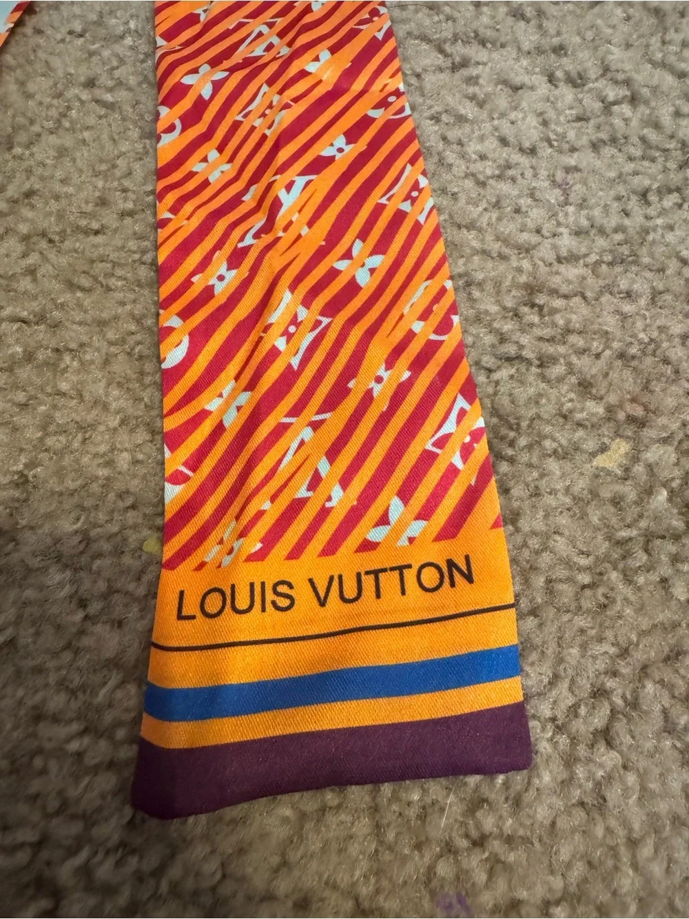 Louis Vuitton Orange & Light Blue Silk Twilly with Stripe Logo