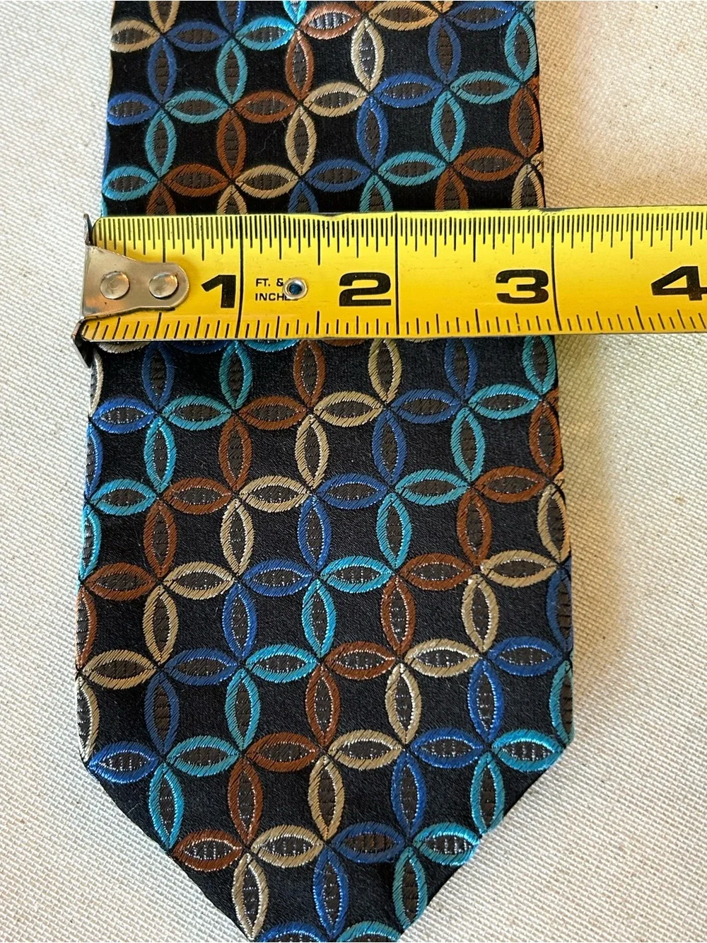 Polifroni Milano Men's Black Silk Tie w/Blue, Gold, Bronze & Teal Pattern