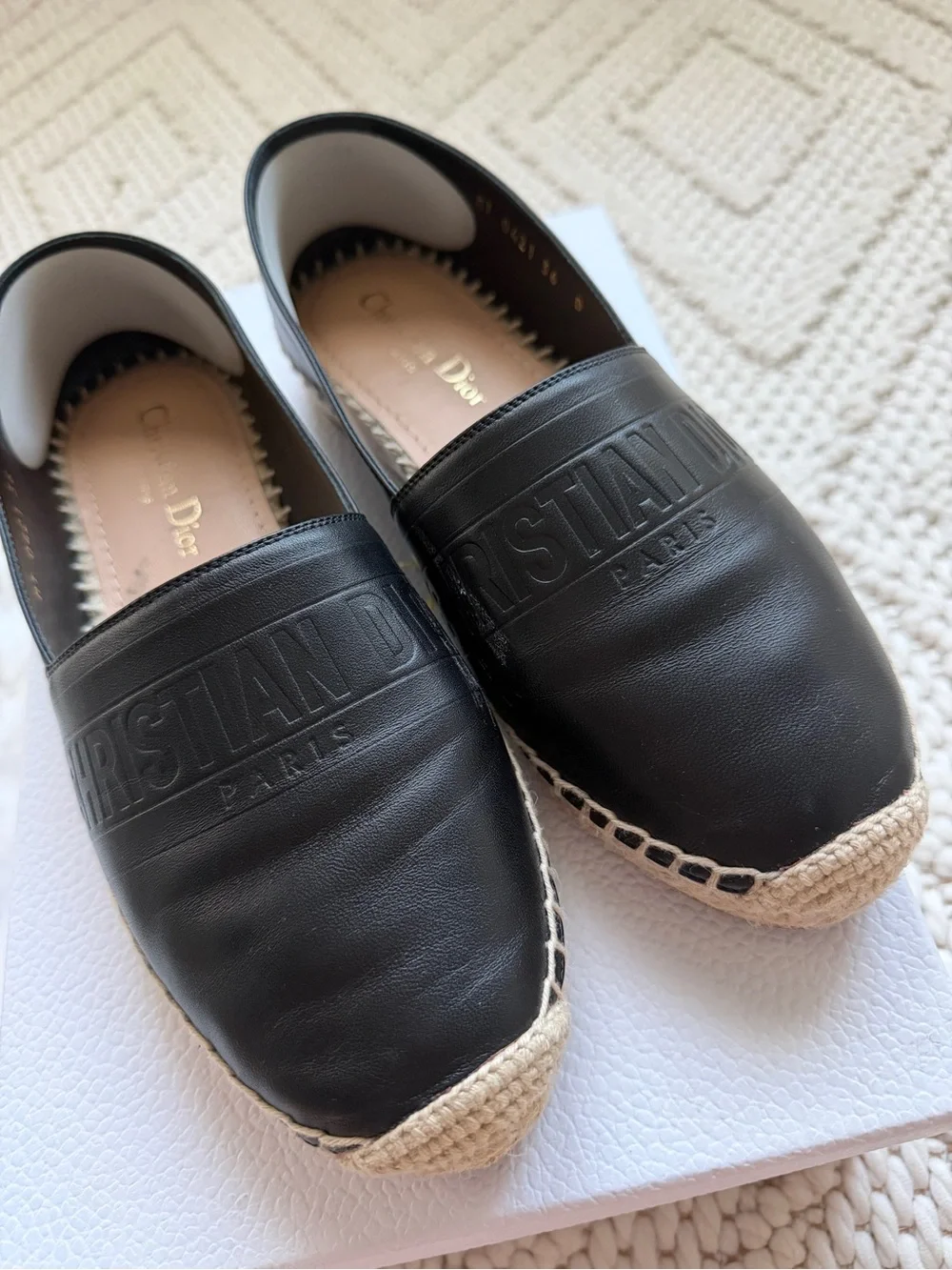 Dior Black Leather Espadrille Loafers with Natural Jute Trim