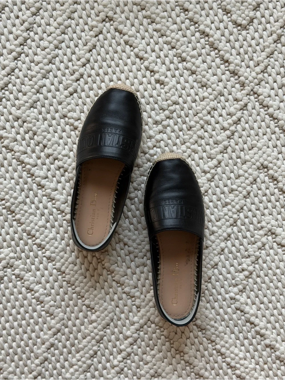 Dior Black Leather Espadrille Loafers with Natural Jute Trim