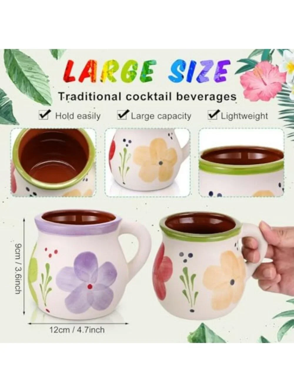 Set of 6 Mexican Terracotta Clay Mugs - 12 oz Rustic Drinkware for Home Decor