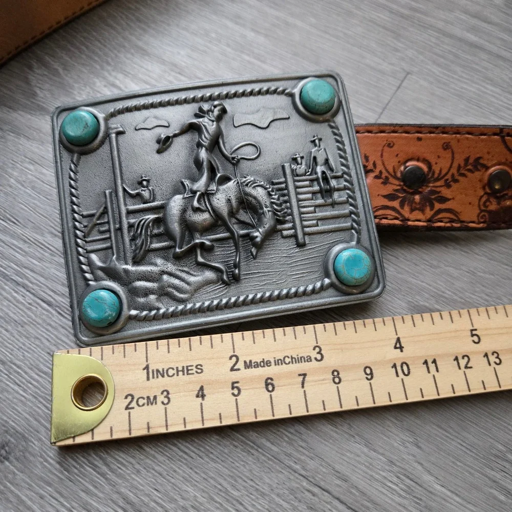 Sissie & Me Brown Leather Belt 32 Western Rodeo Turquoise Buckle Ursula Lewis