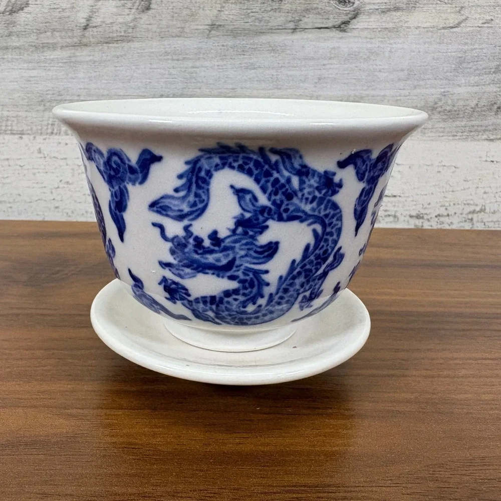 Vintage Chinese Blue Porcelain Dragon Bowl Cobalt Blue with‎ Base 3.5