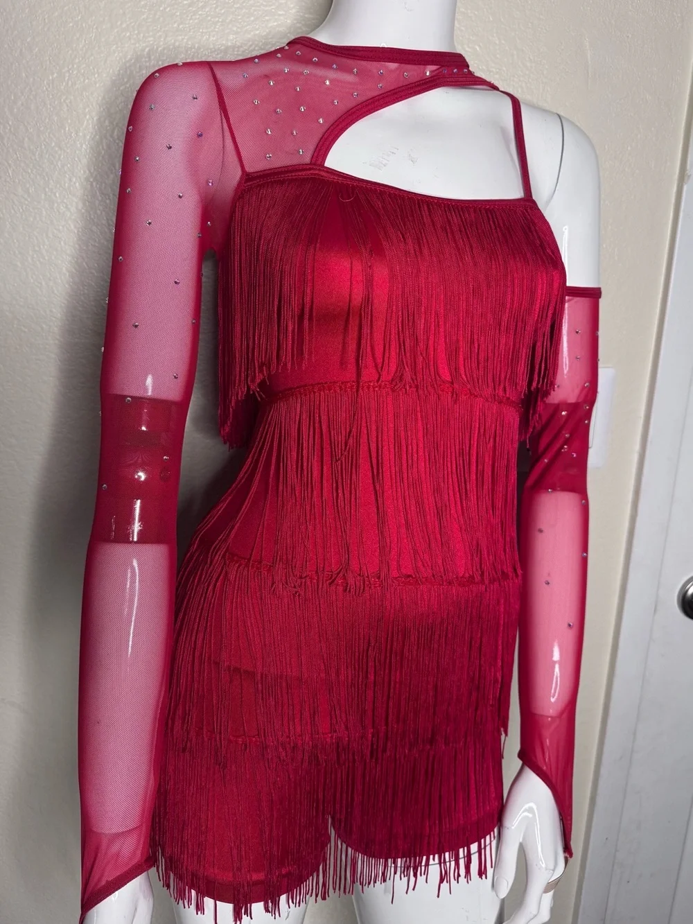 Weissman Red One-Shoulder Fringe Dance Costume