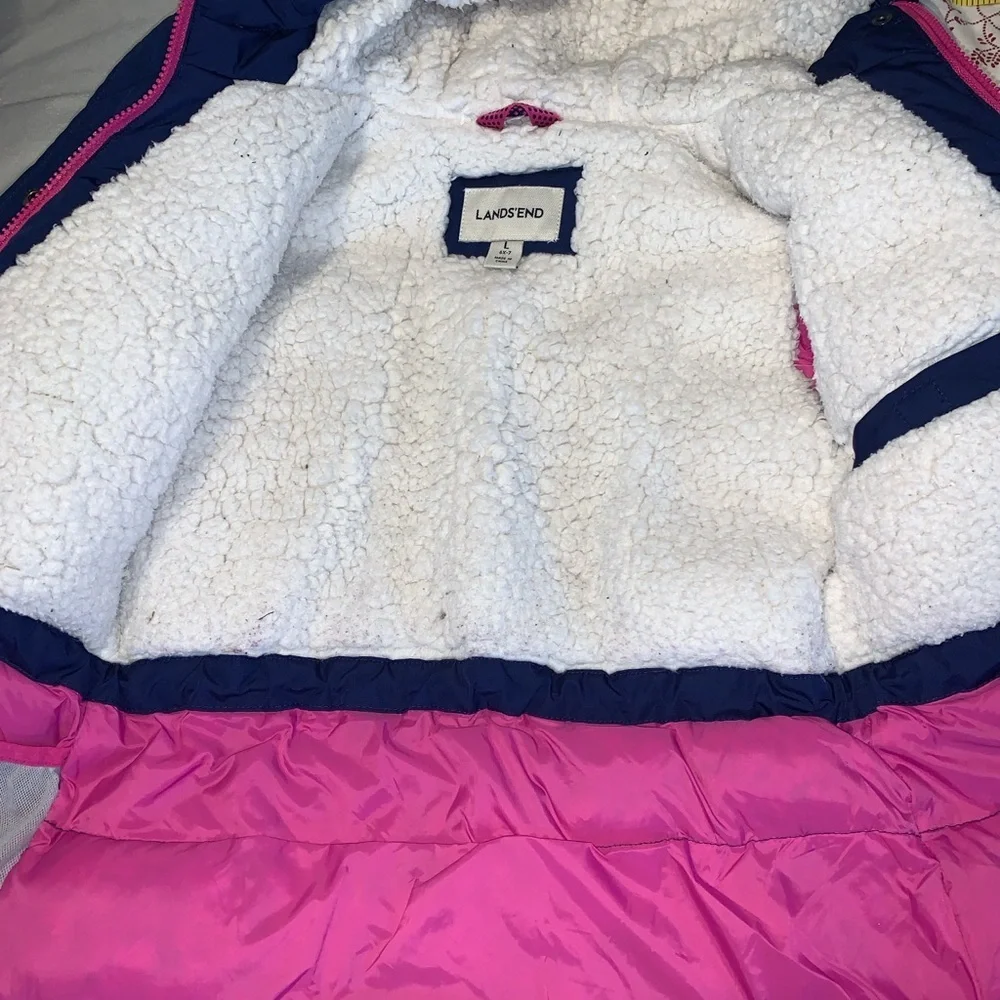 Lands end expedition Navy Blue pink Kids winter parka down fill grow a long 6x-7