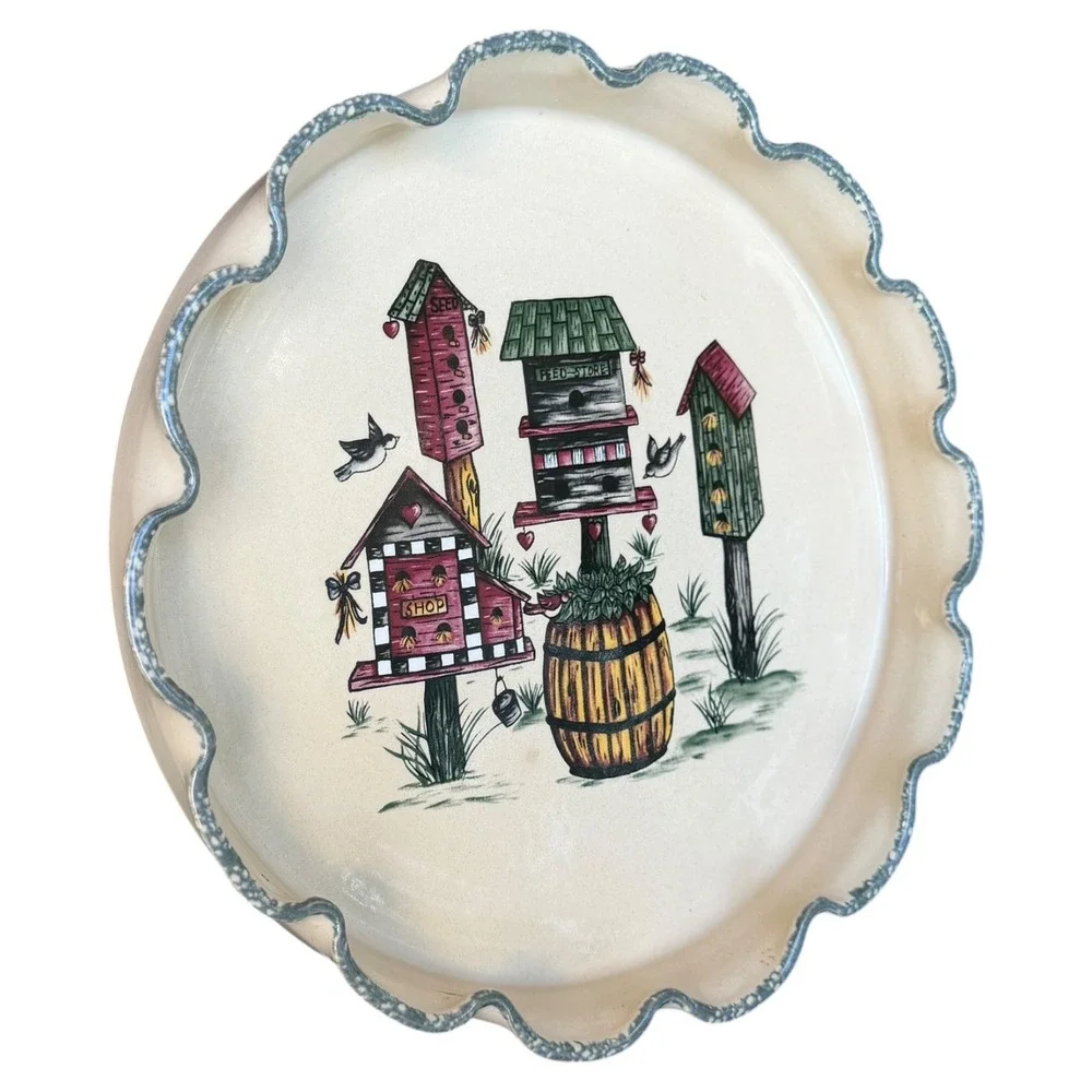 Vintage 2001 Home & Garden Party Birdhouse Stoneware Pie Dish Scalloped Rim USA