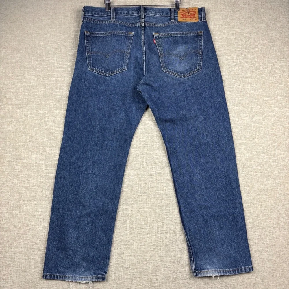 Levis 505 Mens 38x30 Jeans Dark Western Washed Denim slight Fades Distress Hems