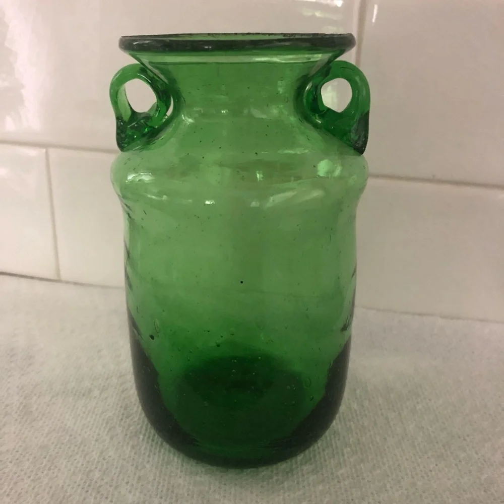 Hand Blown Green Two Handle Glass Vase - Made in Egypt