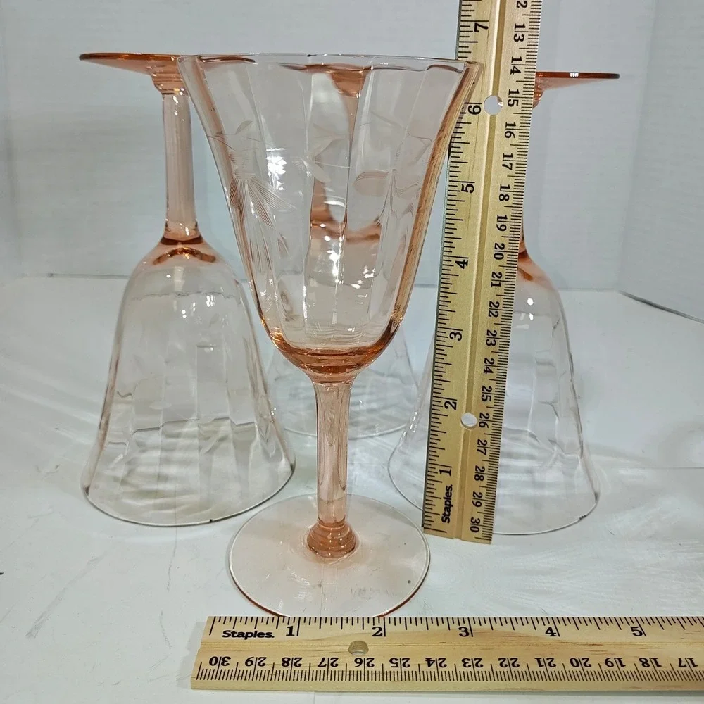 Vintage Pink Depression Glass Water Goblets Set of 4 Etched Floral Optic Panel