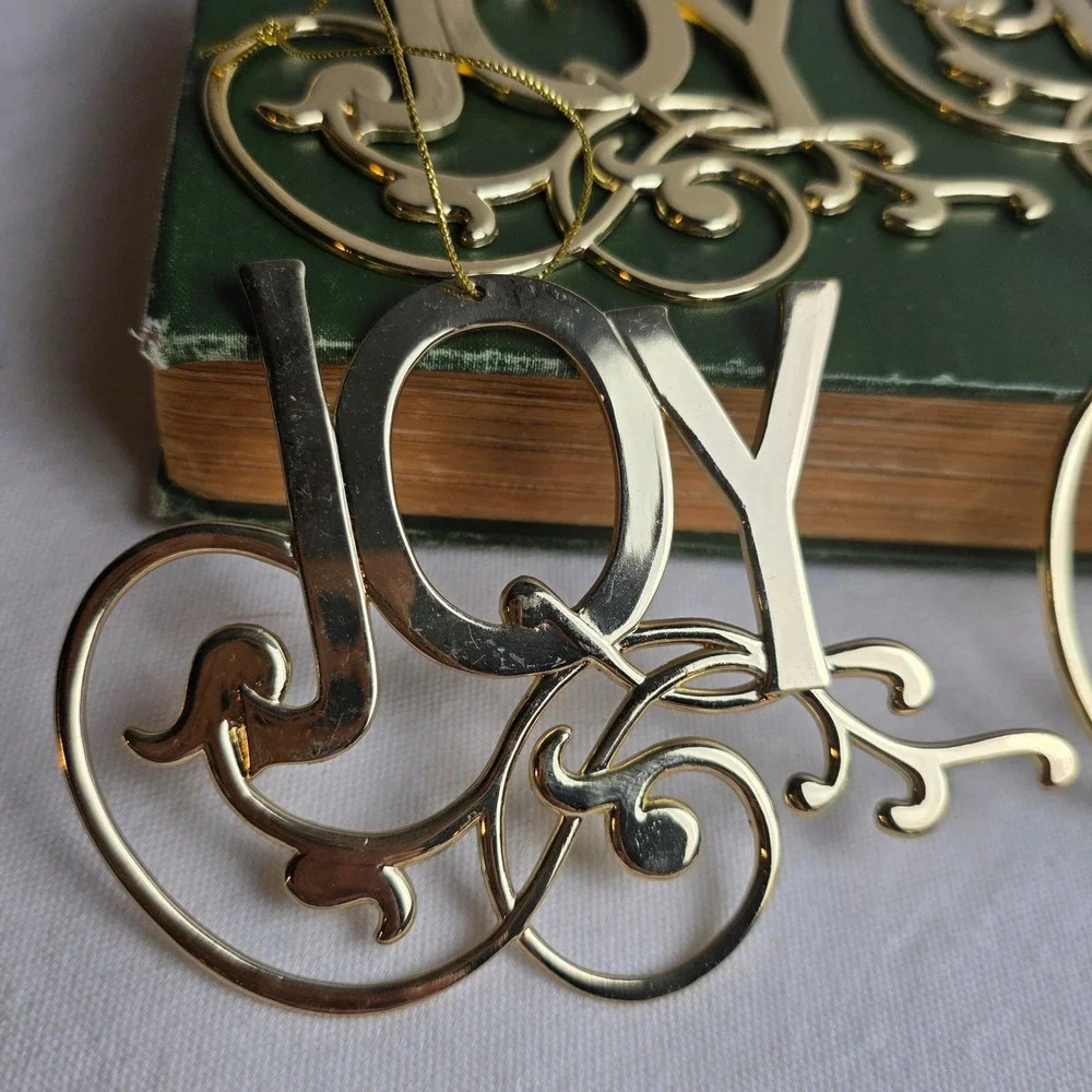 Gold Metal Joy Noel Christmas Ornaments Set of 4 Filigree Scrollwork Holiday