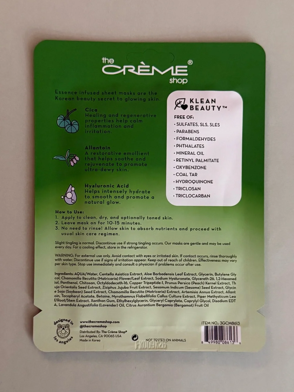 THE CRÈME SHOP Cica-Mend Klean Beauty Essence Sheet Masks 5 Pack Soothes Skin
