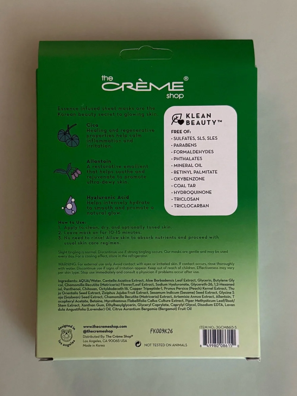 THE CRÈME SHOP Cica-Mend Klean Beauty Essence Sheet Masks 5 Pack Soothes Skin