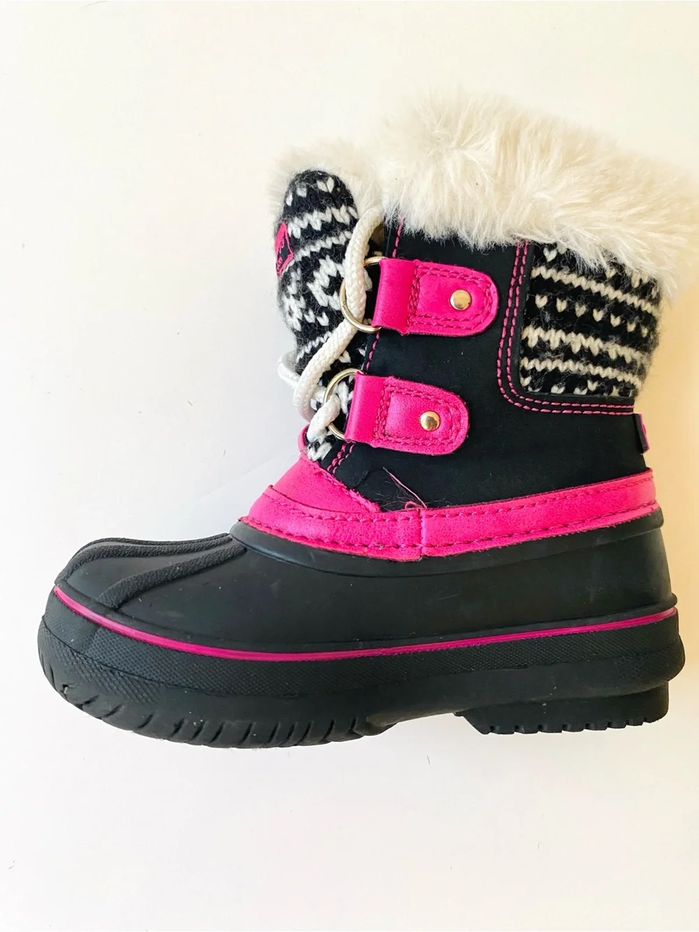 London Fog Lil Tottenham Girls Winter Snow Boots Black/Pink Faux Fur Toddler 7