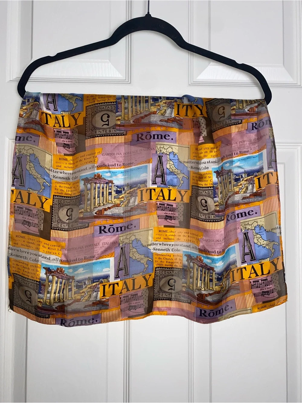 Kenneth Cole Italy Print Satin Scarf in Yellow,‎ Blue, Purple, Brown