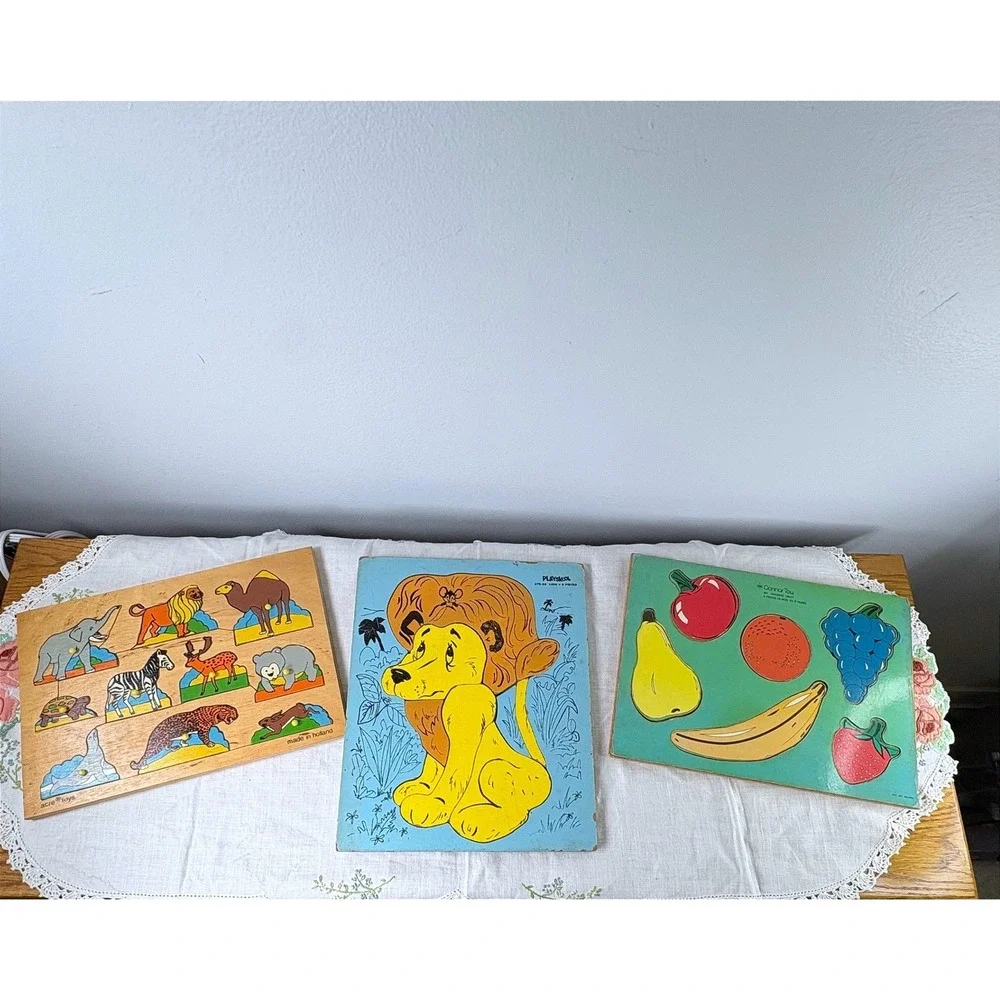 Vintage Playskool Connor Toy Acre Toys Wooden‎ Puzzle Lot Lion Fruit Zoo Animals