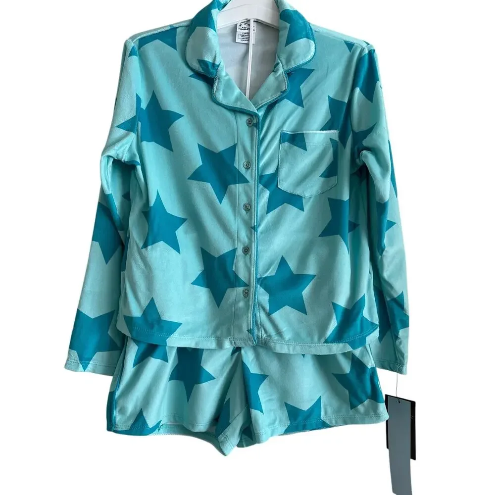 Art Class‎ Girls NWT PJ Set (L 10/12) – Star Print Aqua Blue Button Top & Shorts