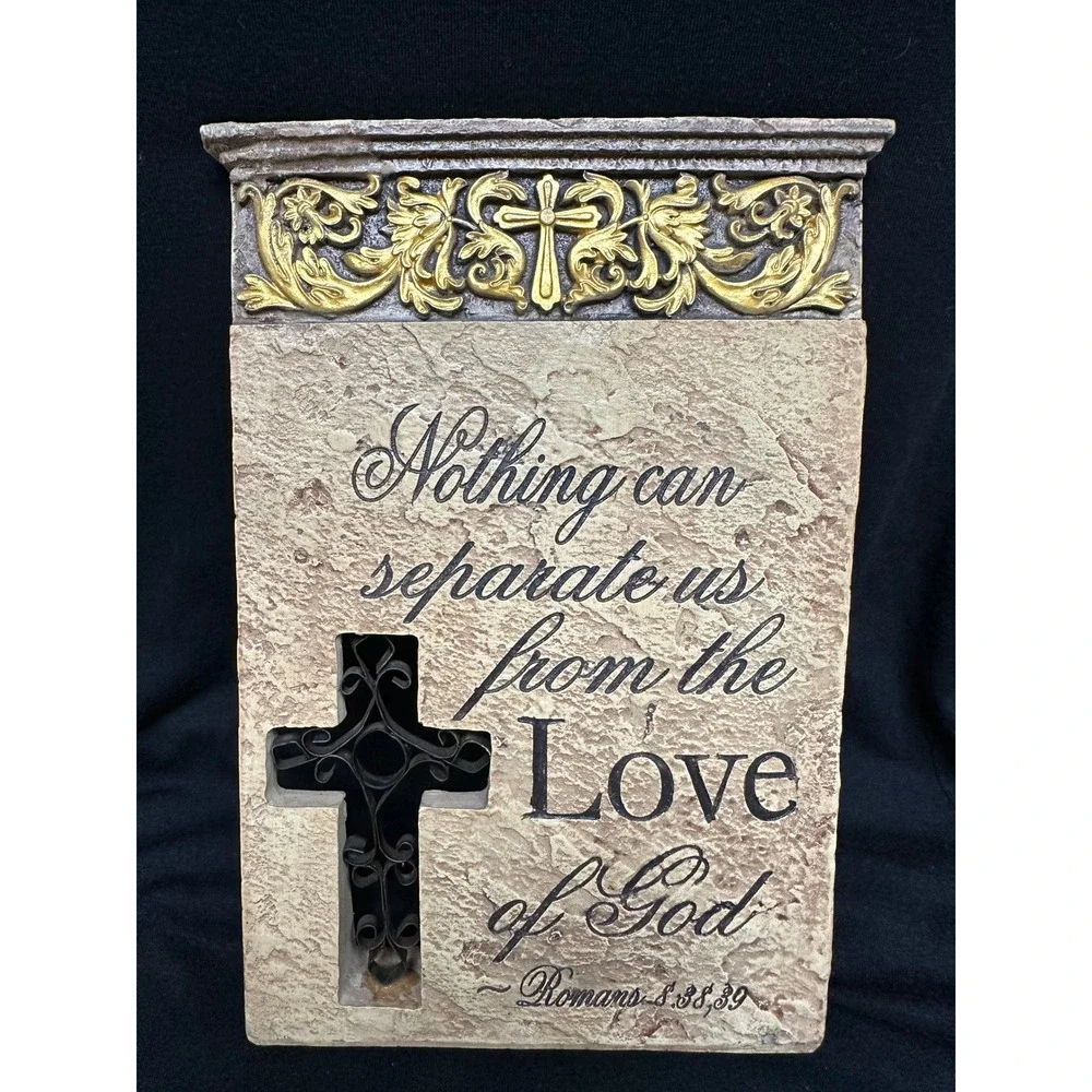 Religious Standing Plaque Tan Romans 8:38-39 Scripture‎ Cross Filigree Table Top
