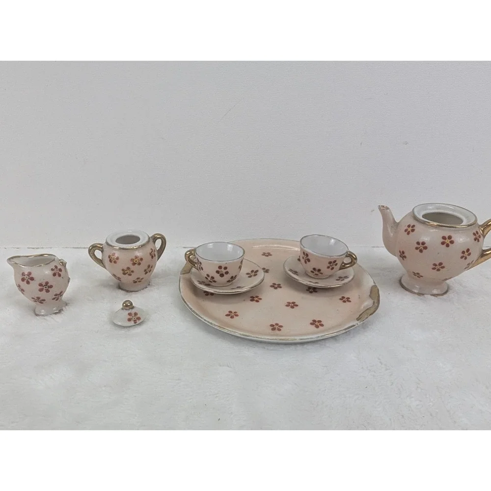 Vintage Occupied Japan Miniature Porcelain Tea Set Tray Teapot Cups Gold‎ Trim