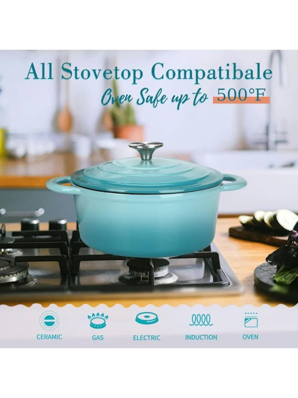3QT Cast Iron Dutch Oven Pot with Self-Basting Lid for Baking & Cooking - Teal