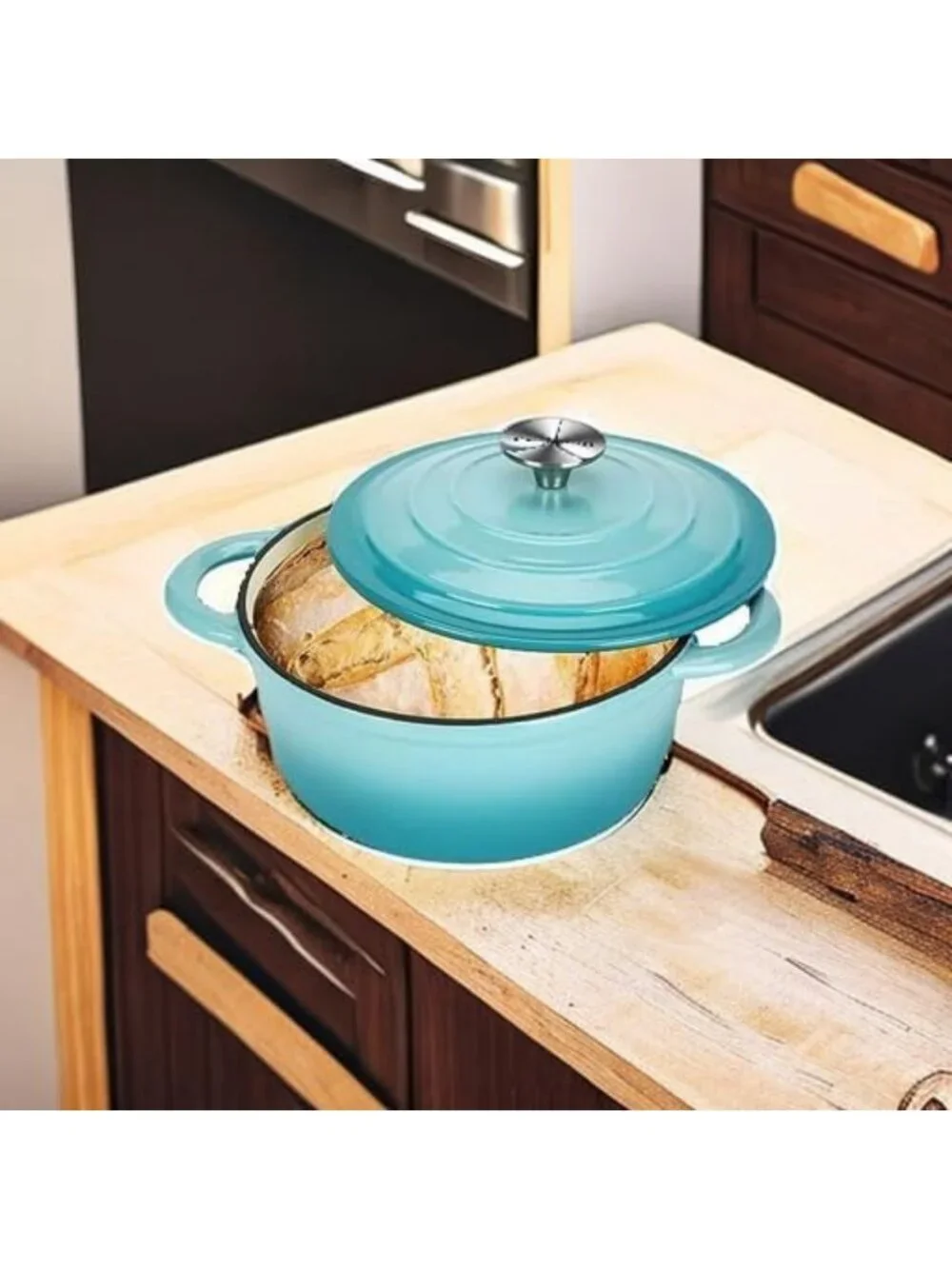 3QT Cast Iron Dutch Oven Pot with Self-Basting Lid for Baking & Cooking - Teal