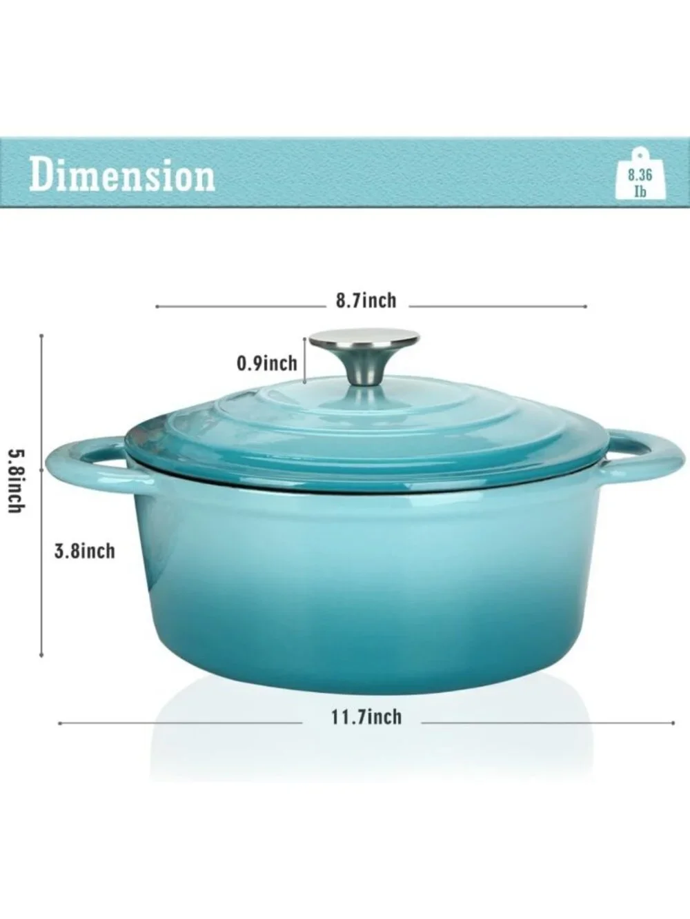 3QT Cast Iron Dutch Oven Pot with Self-Basting Lid for Baking & Cooking - Teal