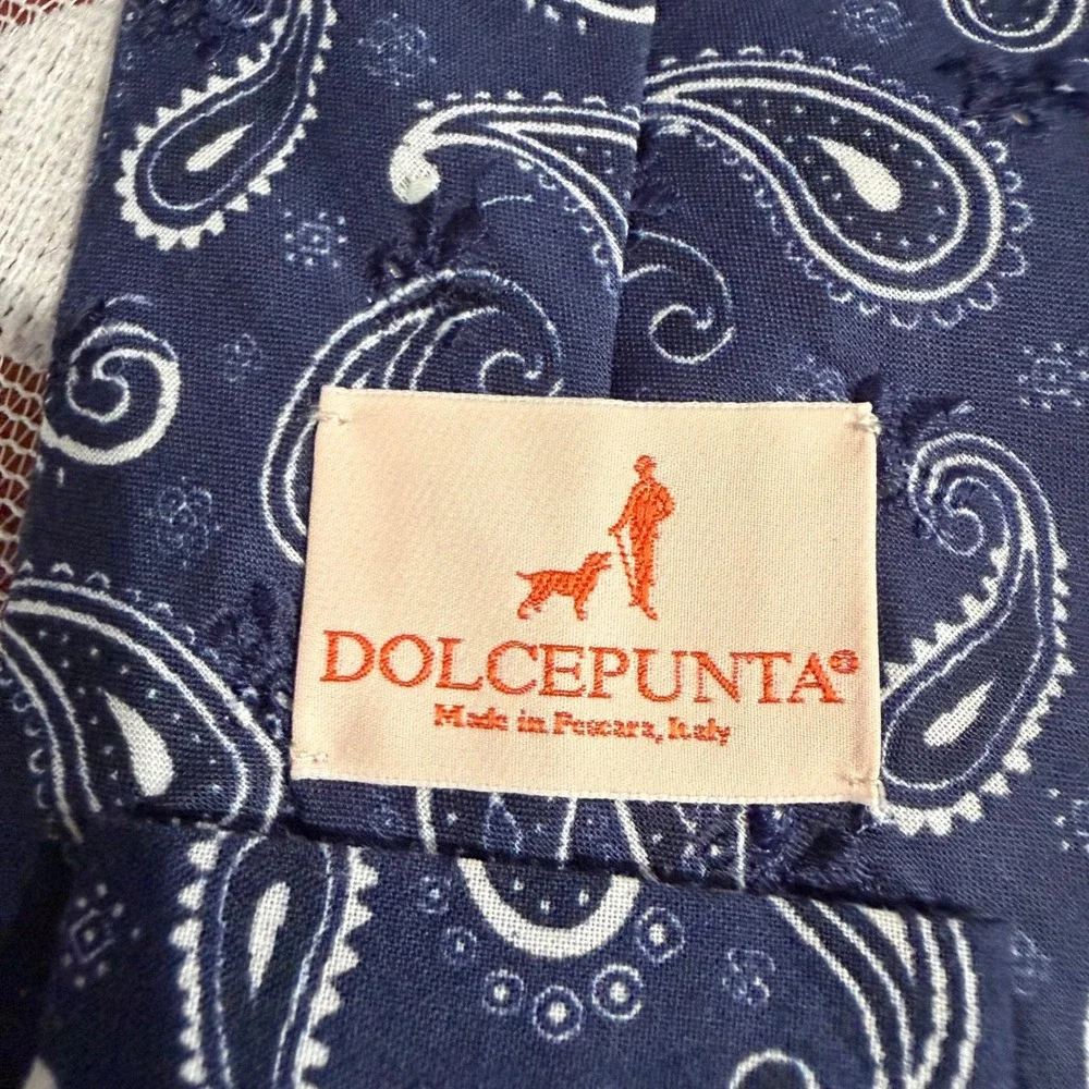 NWT Dolcepunta Necktie Mens OS‎ Navy Blue Excellent Paisley Eyelet Cotton Italy