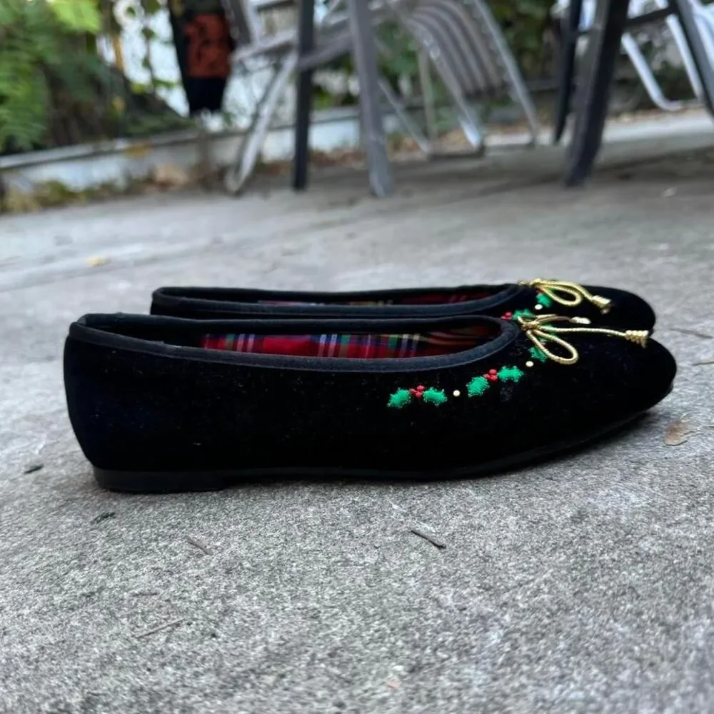 Vintage‎ Ballet Flats Kids Size 2.5 Velvet Freeze Frame Holly Gold Bow Coquette