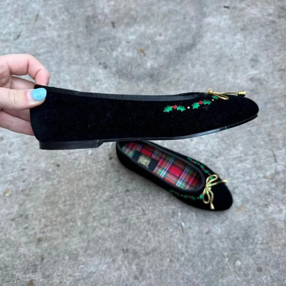 Vintage‎ Ballet Flats Kids Size 2.5 Velvet Freeze Frame Holly Gold Bow Coquette