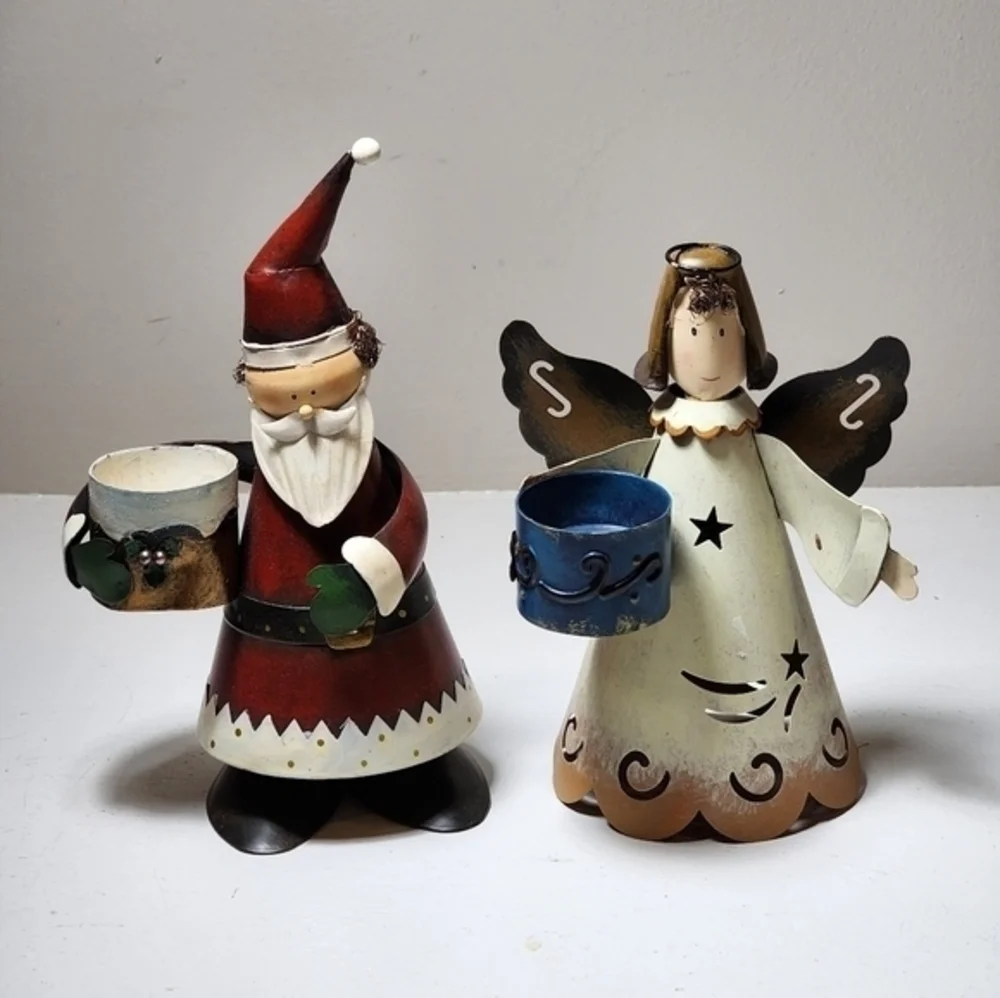 Metal Bobblehead Teallite Candle‎ Holder Santa And Angel Christmas Decorations