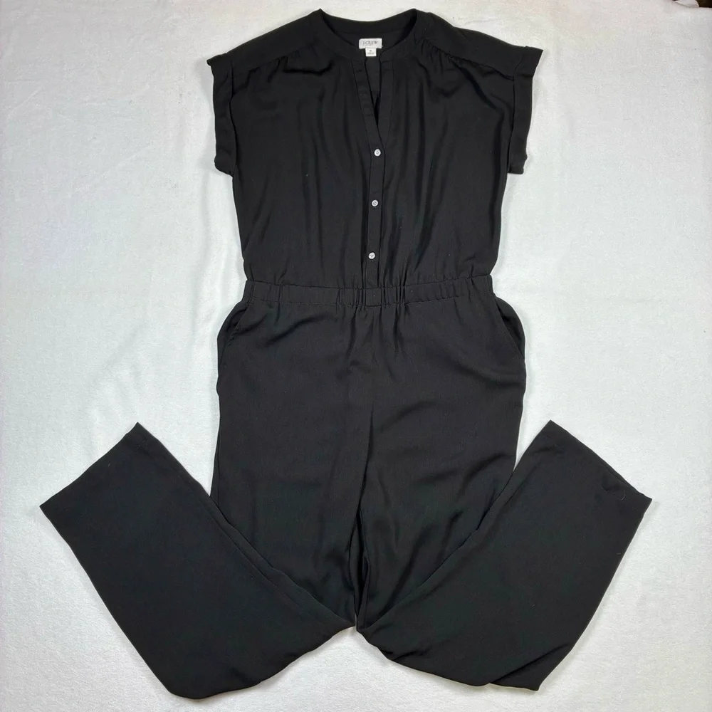 J.Crew Women jumpsuit Cuffed Camp-Shirt Small Black V-Neck Short Sleeve