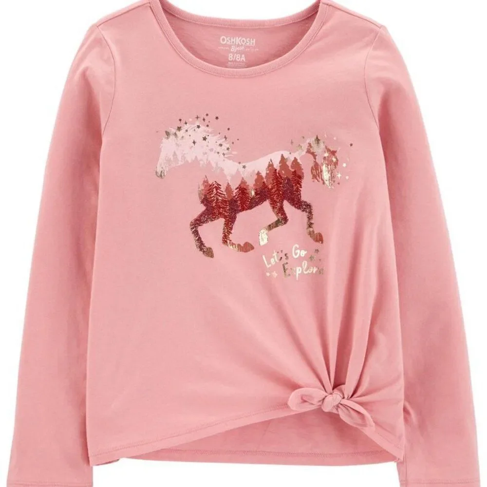 OshKosh Pink Horse Let's Explore Tie-Front Long Sleeve Shirt Top‎ Size 4 New