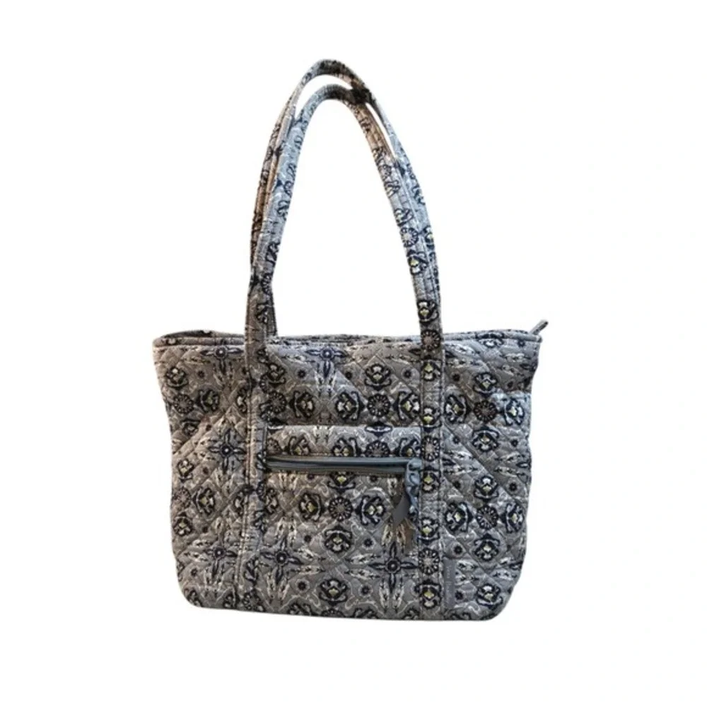 Vera Bradley Quilted Cotton Tote Bag GrayBlue Floral Medallion Boho Shoulder Bag