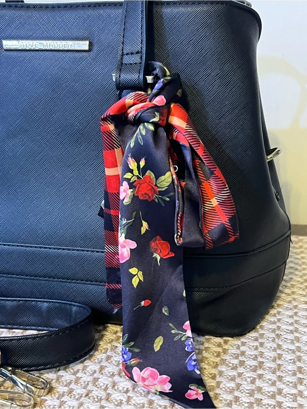 Steve Madden Black Textured Dome Satchel Tote Purse with Floral Scarf Charm