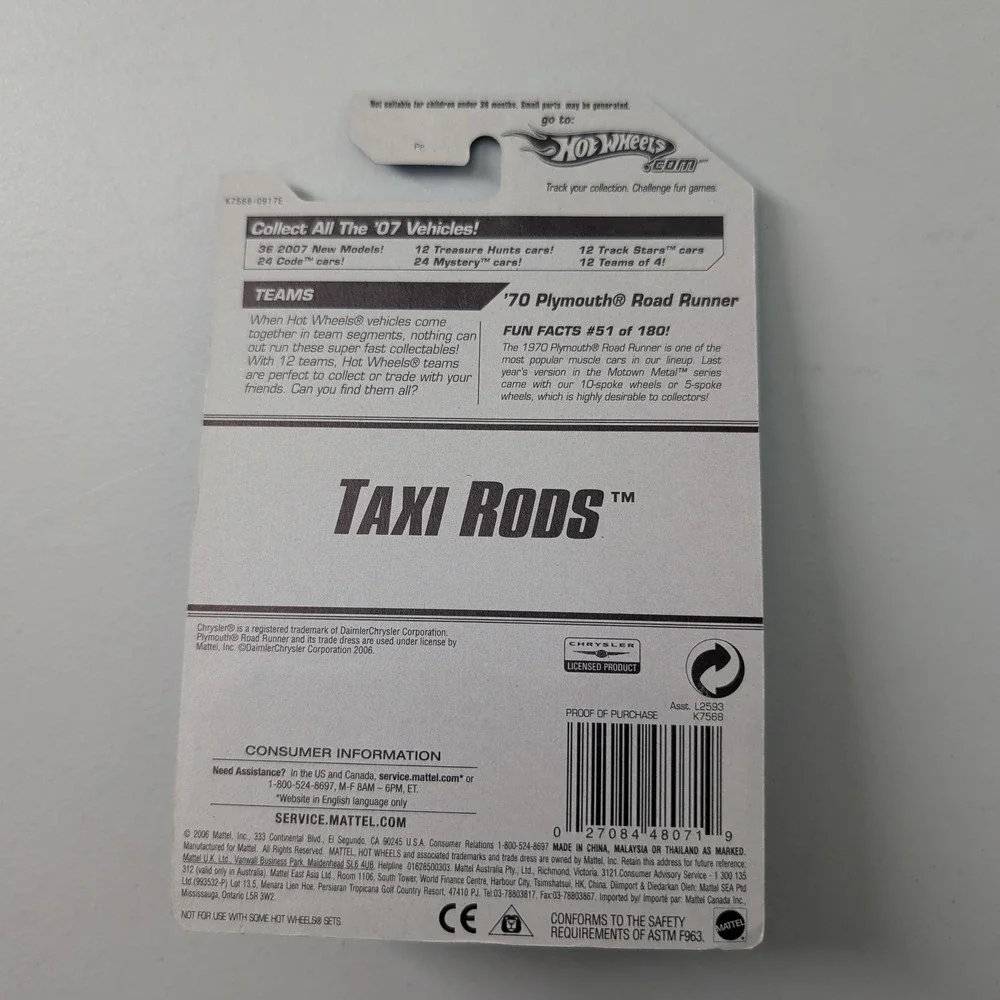 Hot Wheels 2007 Taxi Rods 70 Plymouth Road Runner Yellow Black K7568 051/180