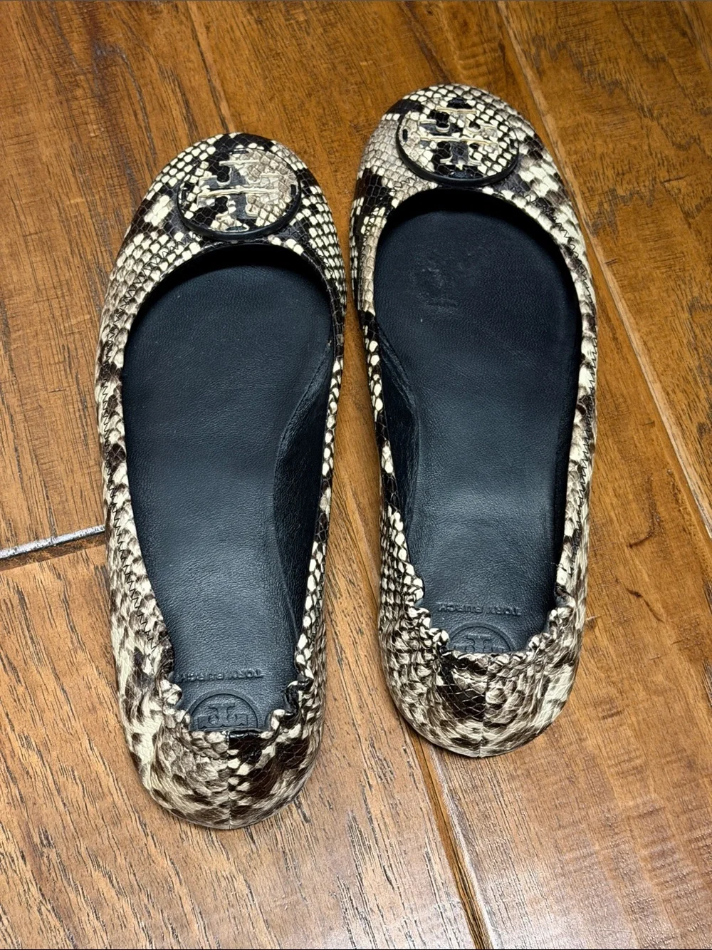 Tory Burch Beige Snake-Print Leather Ballet Flats