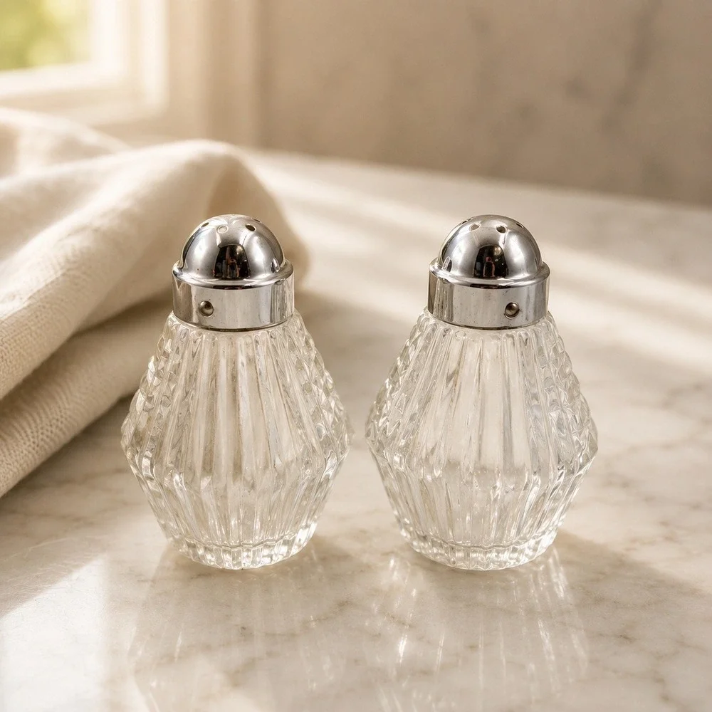 Vintage Art Deco Clear Pressed Glass Salt and Pepper Shakers Chrome Lids Ribbed‎