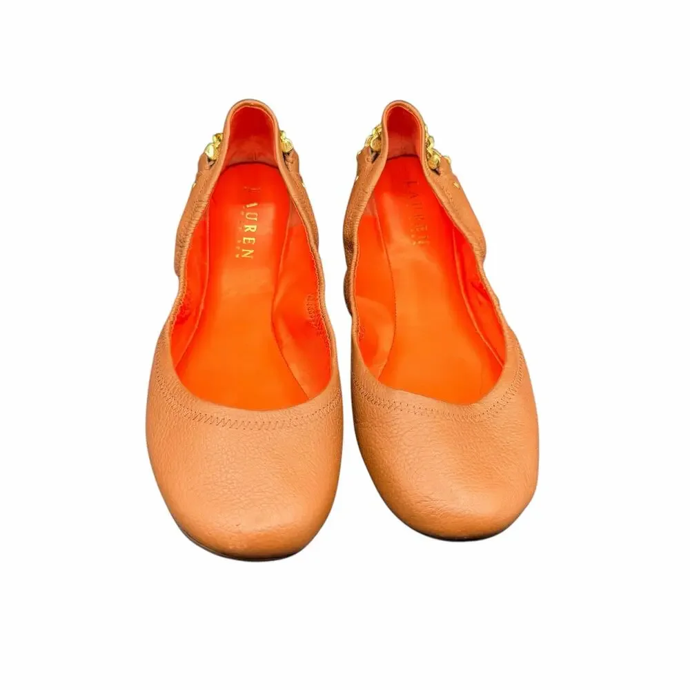 Lauren Ralph Lauren BARB Leather Chain Ballet Flats Tan Gold Hardware 9.5B