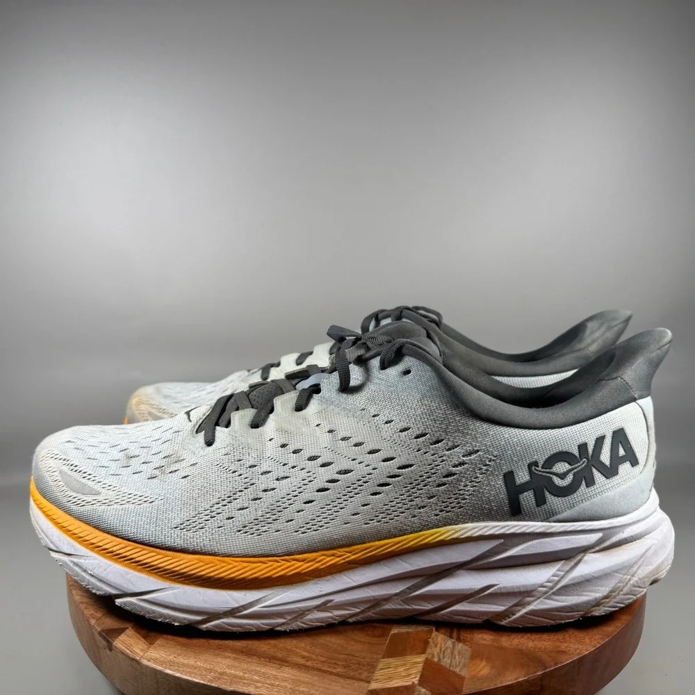 Hoka One One Clifton 8 Mens 15 Grey Orange Road Running Shoes Low Top Sneakers
