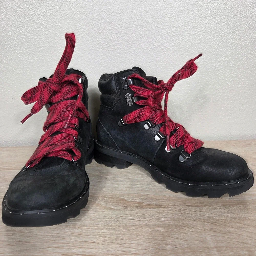 Sorel Lennox Hiker Waterproof Boots Black Red Plaid Laces Women's 6