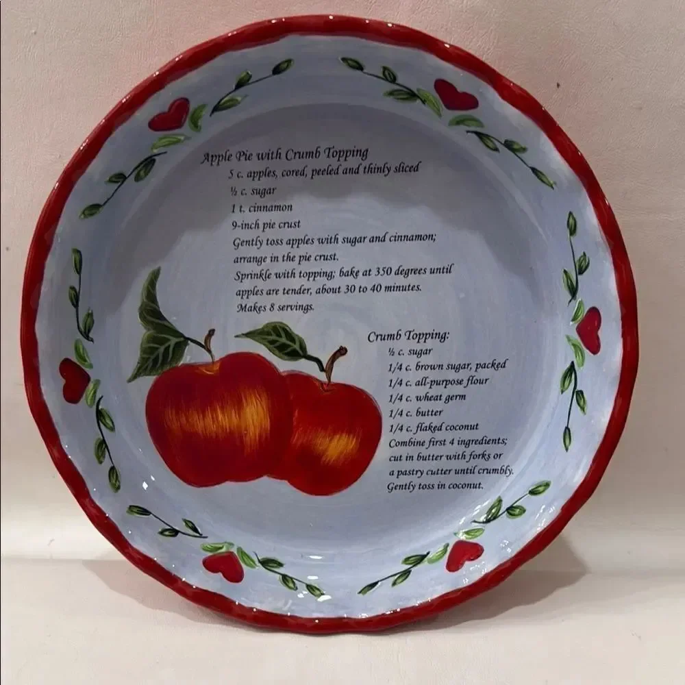 Pie Dish Red Blue Ceramic Baking Serving Cookware Recipe 9 3/4 X 1 3/4 In Tall