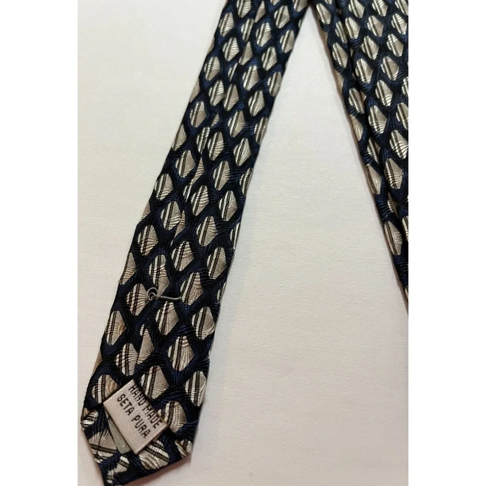 Mens Tie Silk Tesoro‎ Rosso Accessory Necktie Navy Blue Ivory Abstract Pattern