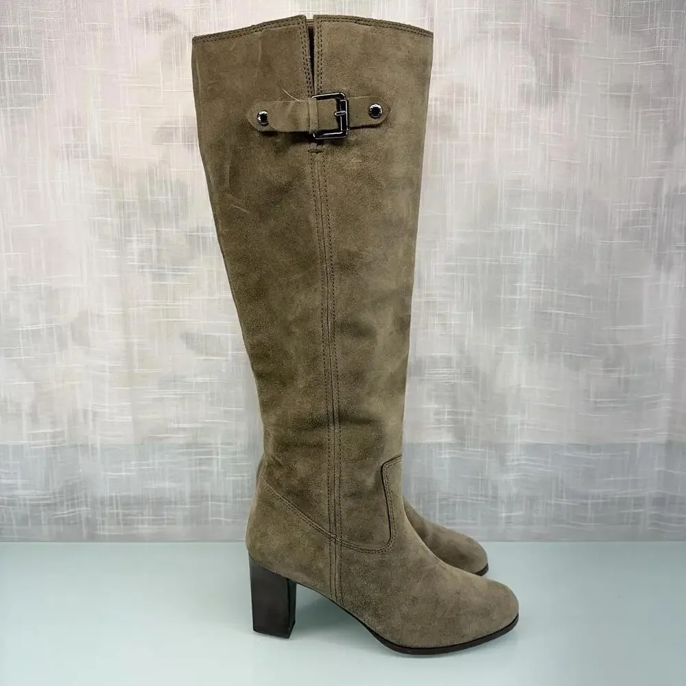 Michael Kors Burke Knee High Suede Boots Sz 7.5 Equestrian Chic Block‎ Heel