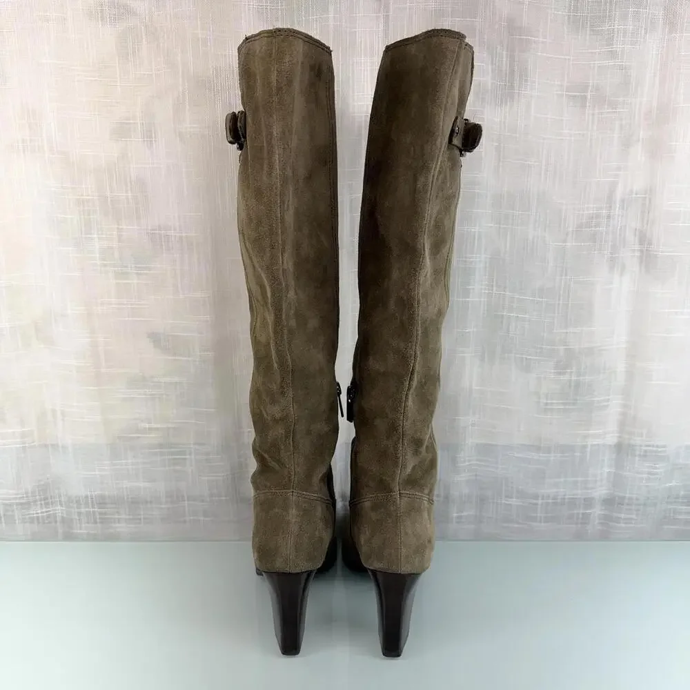 Michael Kors Burke Knee High Suede Boots Sz 7.5 Equestrian Chic Block‎ Heel