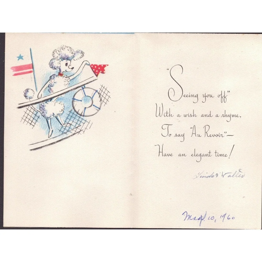 Vintage 1960s Bon Voyage Greeting Card Rust Craft Poodle Luggage Used
